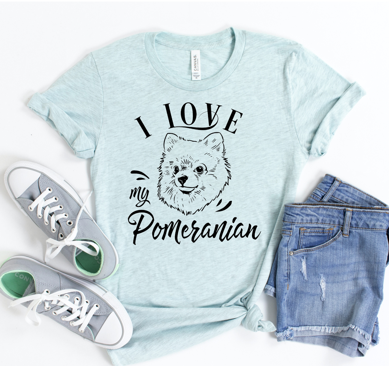 I Love My Pomeranian T-shirt featuring a cute design, made from soft cotton fabric, available in various sizes.