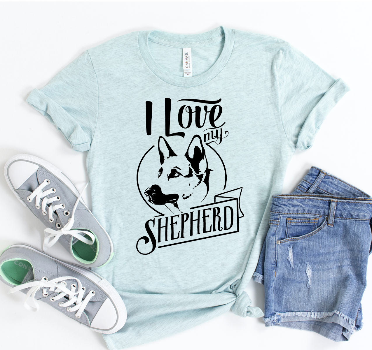 I Love My Shepherd T-shirt featuring a stylish design, made from soft cotton fabric, available in various sizes.