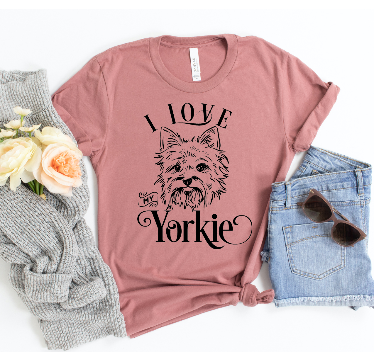 I Love My Yorkie T-shirt displayed on a mannequin, showcasing its soft fabric and vibrant print.