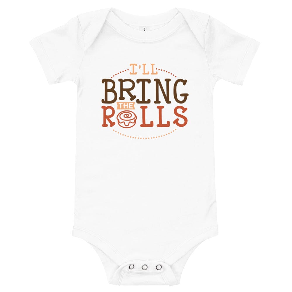 A cute baby wearing the I'll Bring The Rolls! Baby Onesie, showcasing its fun design and comfortable fit.