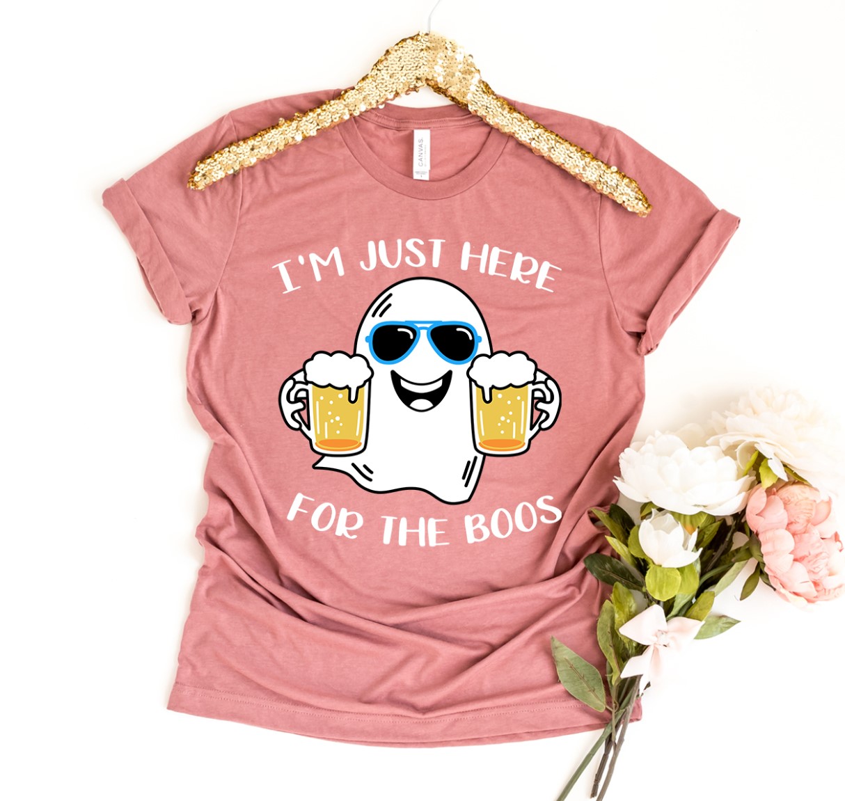 I'm Just Here For The Boos Shirt in black with white text, made from premium ring spun cotton, perfect for Halloween celebrations.