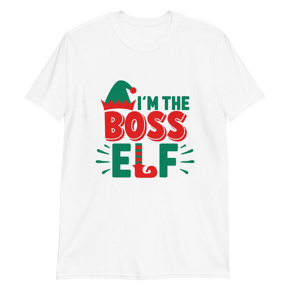 I'm The Boss Elf Christmas Tee featuring a playful design, made from soft ringspun cotton, suitable for both men and women.