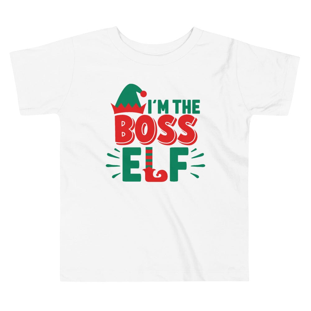 Toddler wearing I'm The Boss Elf Christmas Tee, featuring festive design and comfortable fit.