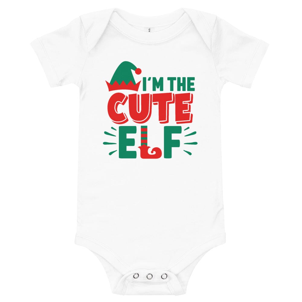 A cute elf onesie designed for babies, featuring a playful design and comfortable fit, perfect for group photos and cozy wear.