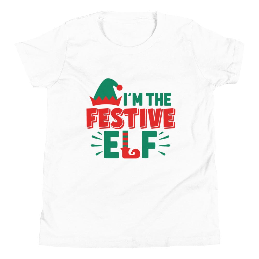 Youth Christmas tee featuring a festive elf design, made from soft ringspun cotton, perfect for holiday celebrations.