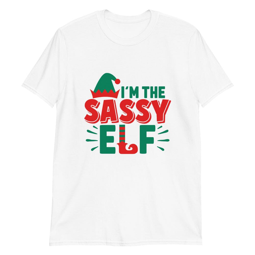 I'm The Sassy Elf Christmas Tee featuring a playful design, made from 100% Ringspun Cotton, perfect for holiday celebrations.