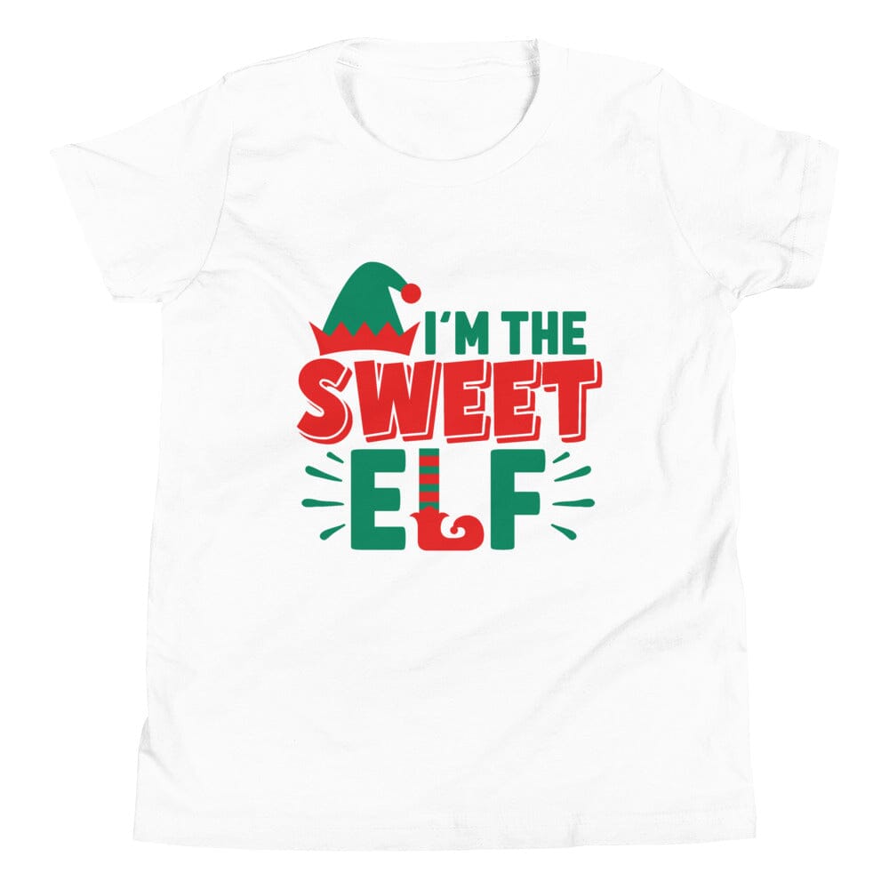 A youth Christmas tee featuring the text 'I'm The Sweet Elf' in festive colors, made from soft cotton material, perfect for holiday celebrations.