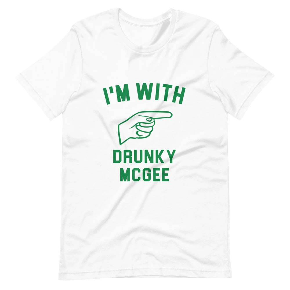 I'm With Drunky McGee Tee featuring a playful design, made from soft ringspun cotton, suitable for casual wear.