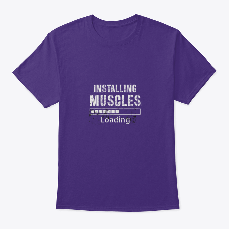 A vintage-inspired t-shirt featuring a grunge background with the phrase 'Installing Muscles', made from 100% cotton for comfort.