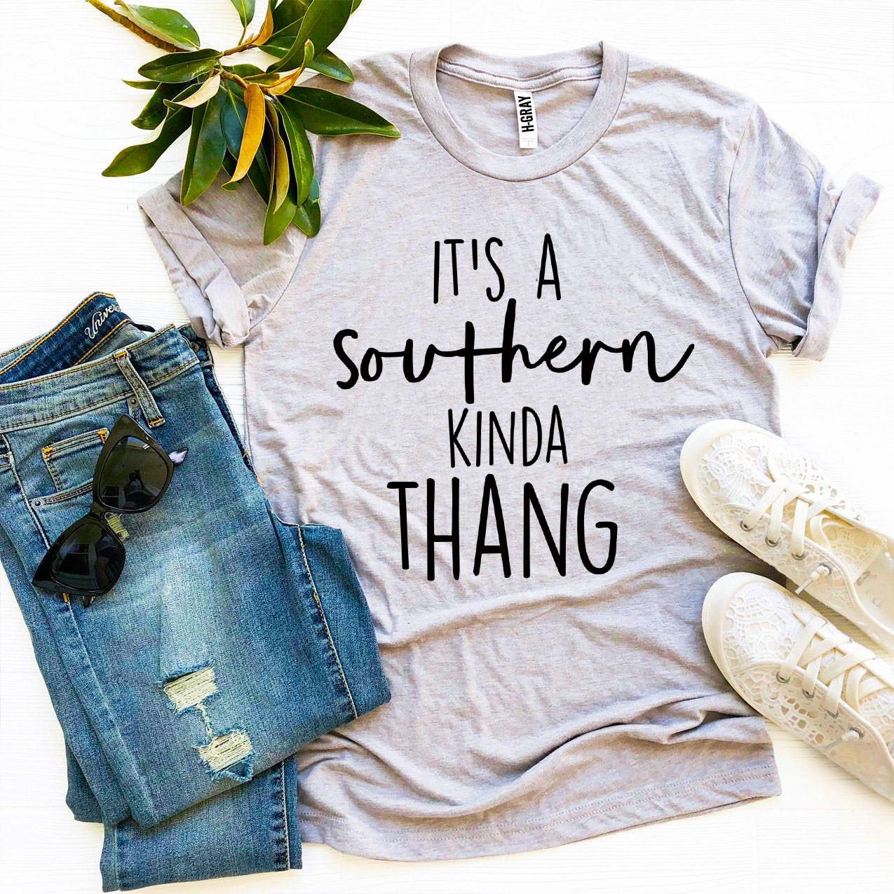 Southern Kinda Thang T-shirt in premium ring spun cotton with vibrant flex print design, available in various sizes.