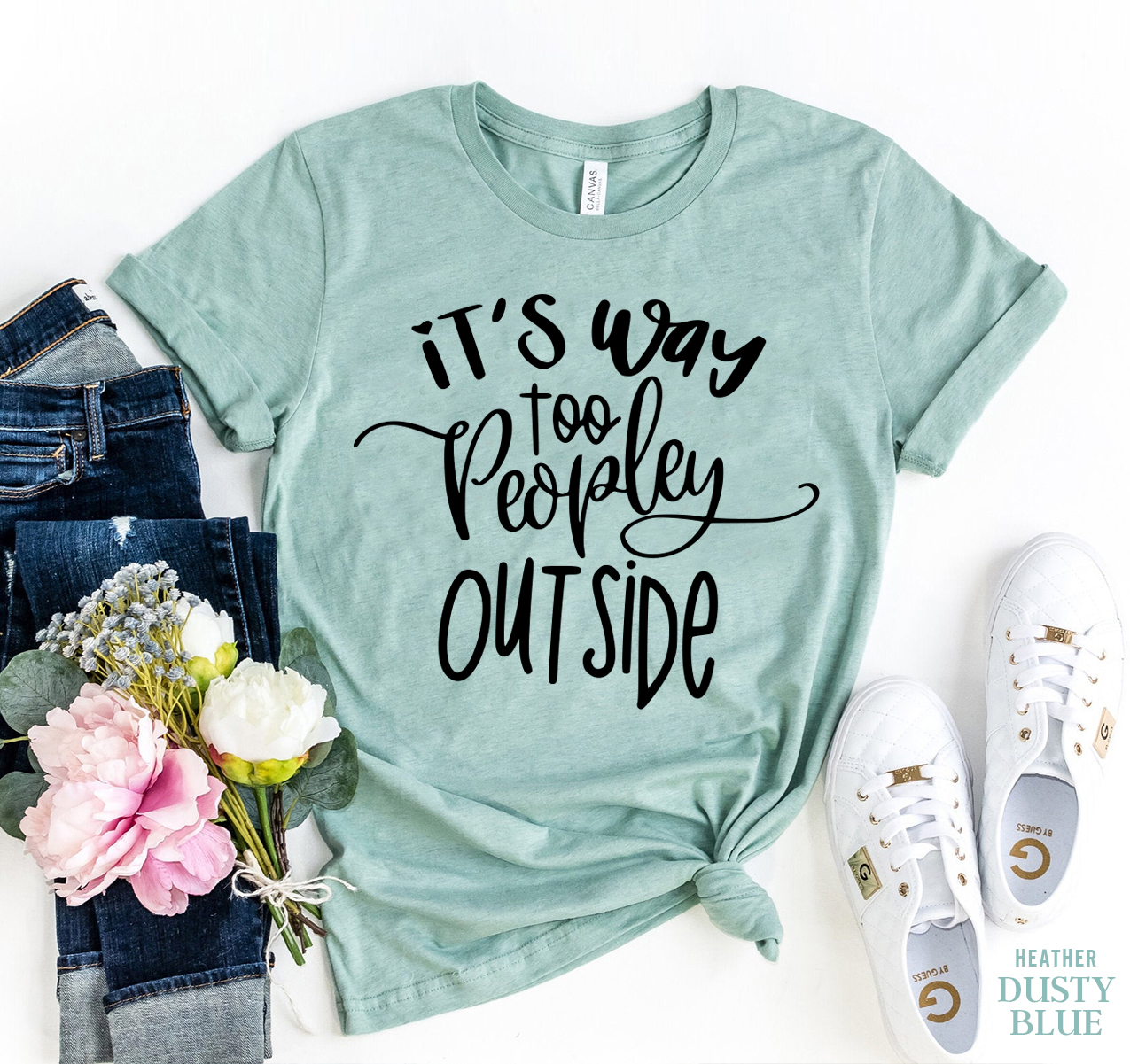 A stylish 'It's Way Too People Outside' T-shirt made from premium ring spun cotton, featuring a vibrant print and available in various sizes.