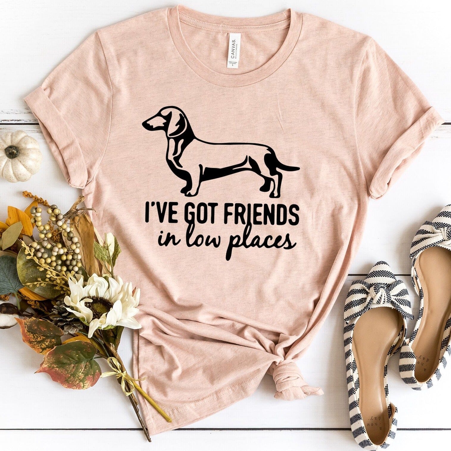 A stylish Dachshund T-shirt featuring the phrase 'I've Got Friends in Low Places', made from soft Ringspun Cotton.