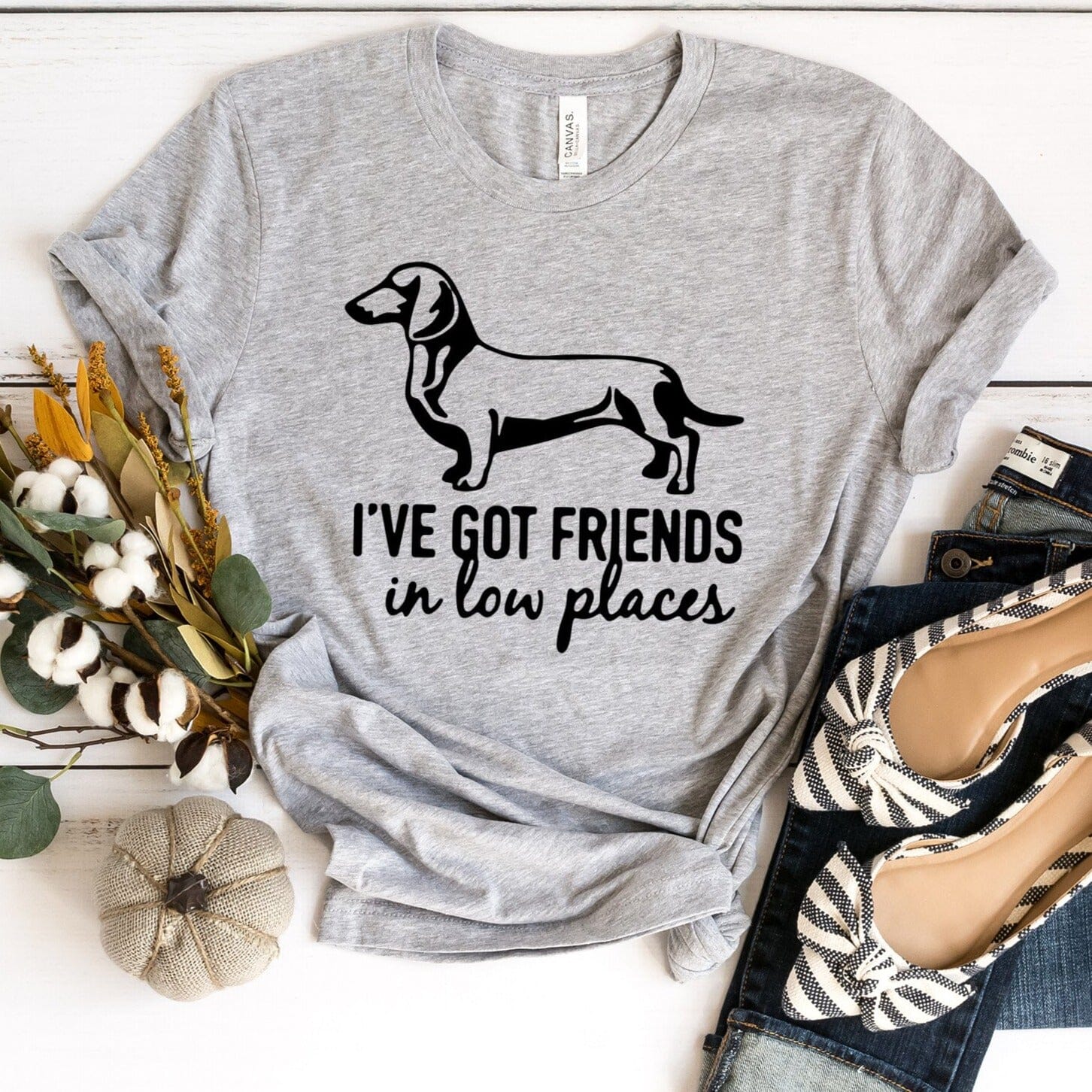 A stylish Dachshund T-shirt featuring the phrase 'I've Got Friends in Low Places', made from soft Ringspun Cotton.