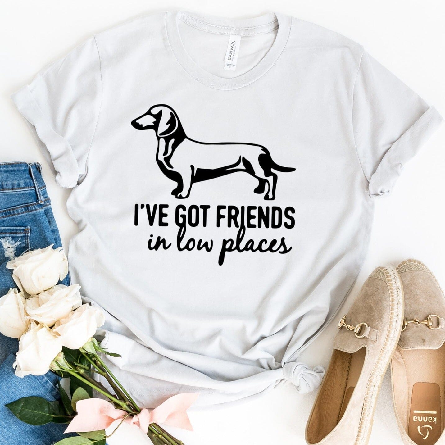 A stylish Dachshund T-shirt featuring the phrase 'I've Got Friends in Low Places', made from soft Ringspun Cotton.