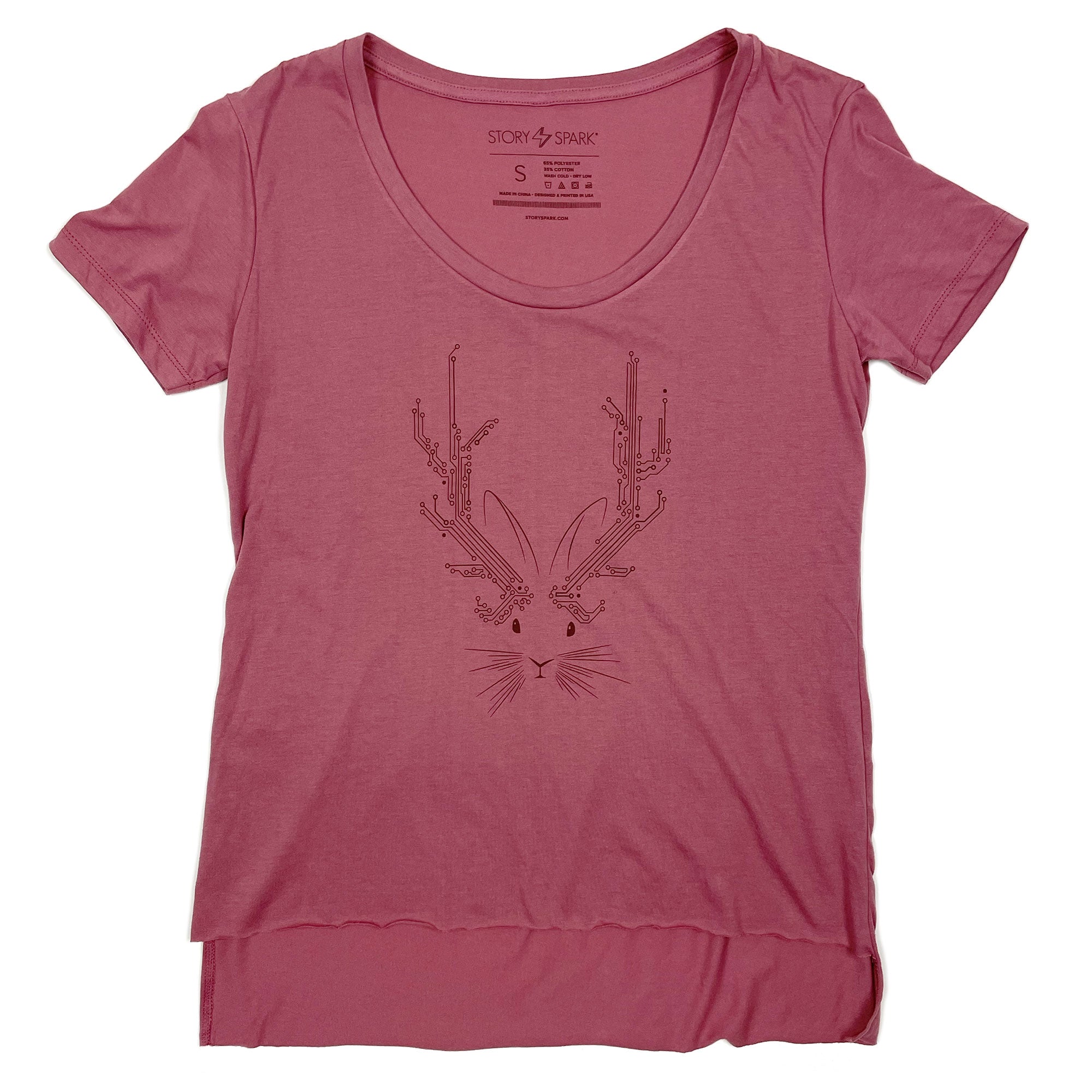 Jackalope Women's Festival T-shirt in paprika pink with unique design, showcasing relaxed scoop-neck and raw edge hem.