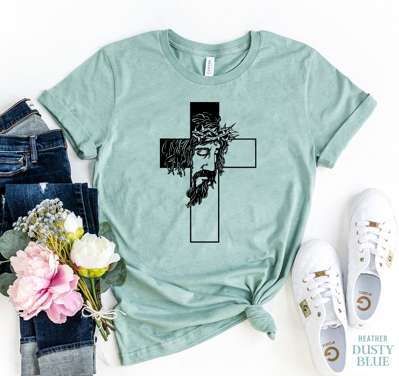 A stylish Jesus T-shirt made from premium ring spun cotton, featuring a vibrant flex print design.