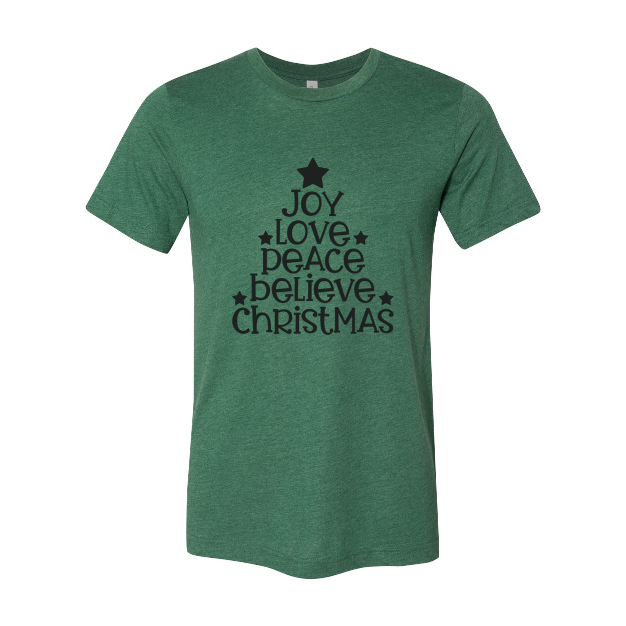 Joy Love Peace Believe Christmas Shirt in various colors, showcasing its soft fabric and stylish design.