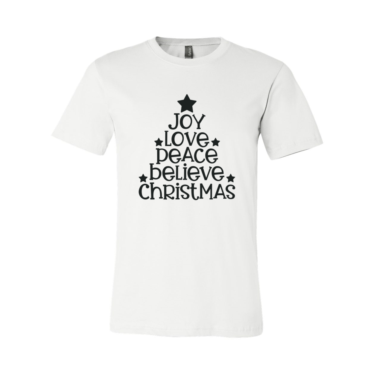 Joy Love Peace Believe Christmas Shirt in various colors, showcasing its soft fabric and stylish design.