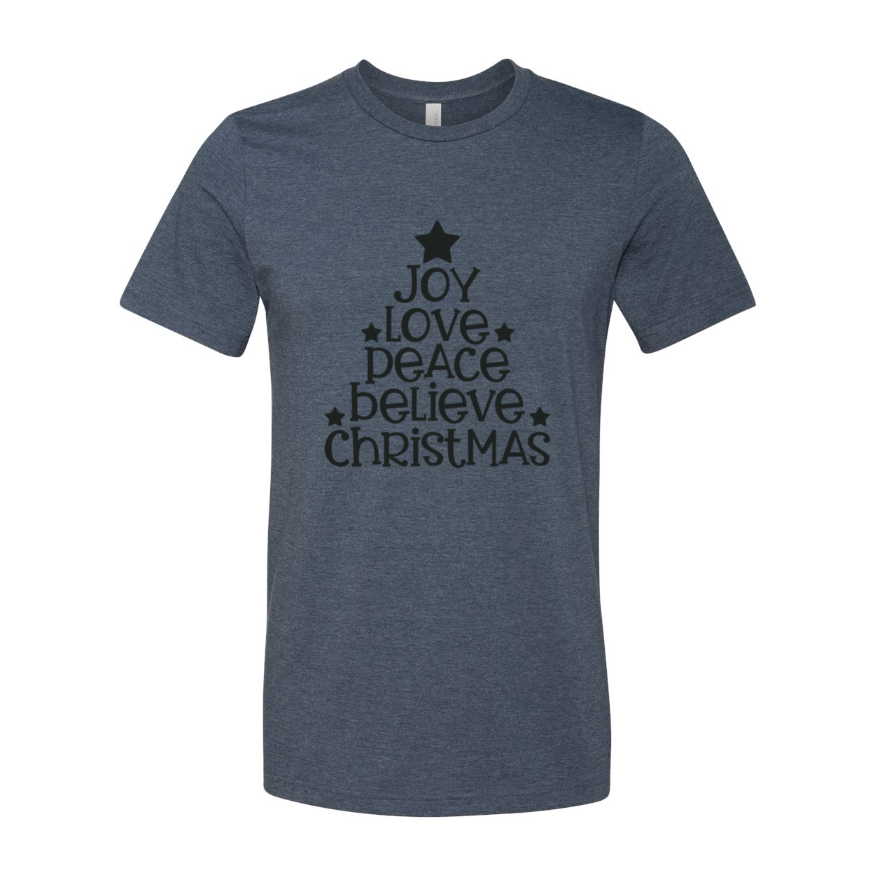 Joy Love Peace Believe Christmas Shirt in various colors, showcasing its soft fabric and stylish design.