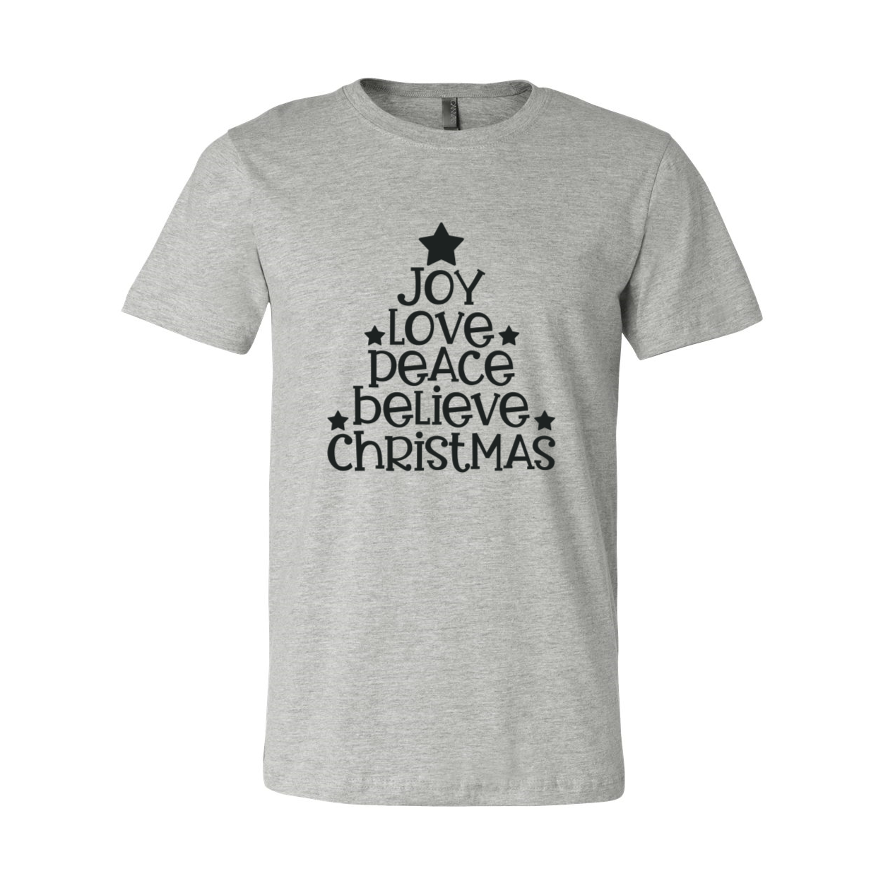 Joy Love Peace Believe Christmas Shirt in various colors, showcasing its soft fabric and stylish design.