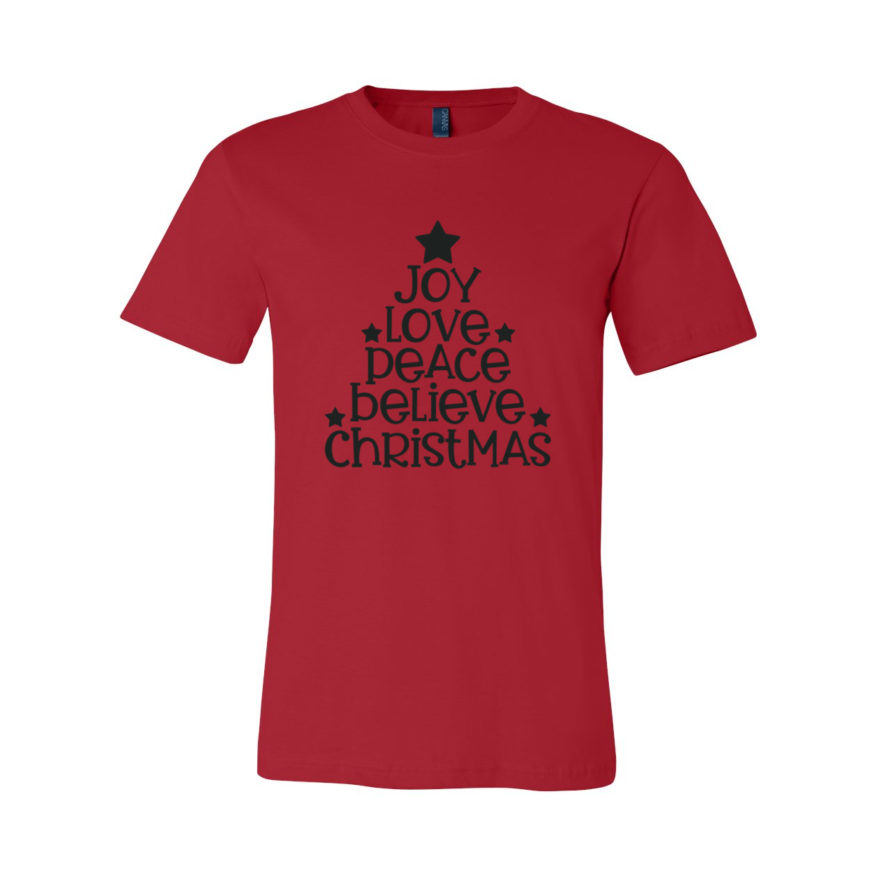 Joy Love Peace Believe Christmas Shirt in various colors, showcasing its soft fabric and stylish design.