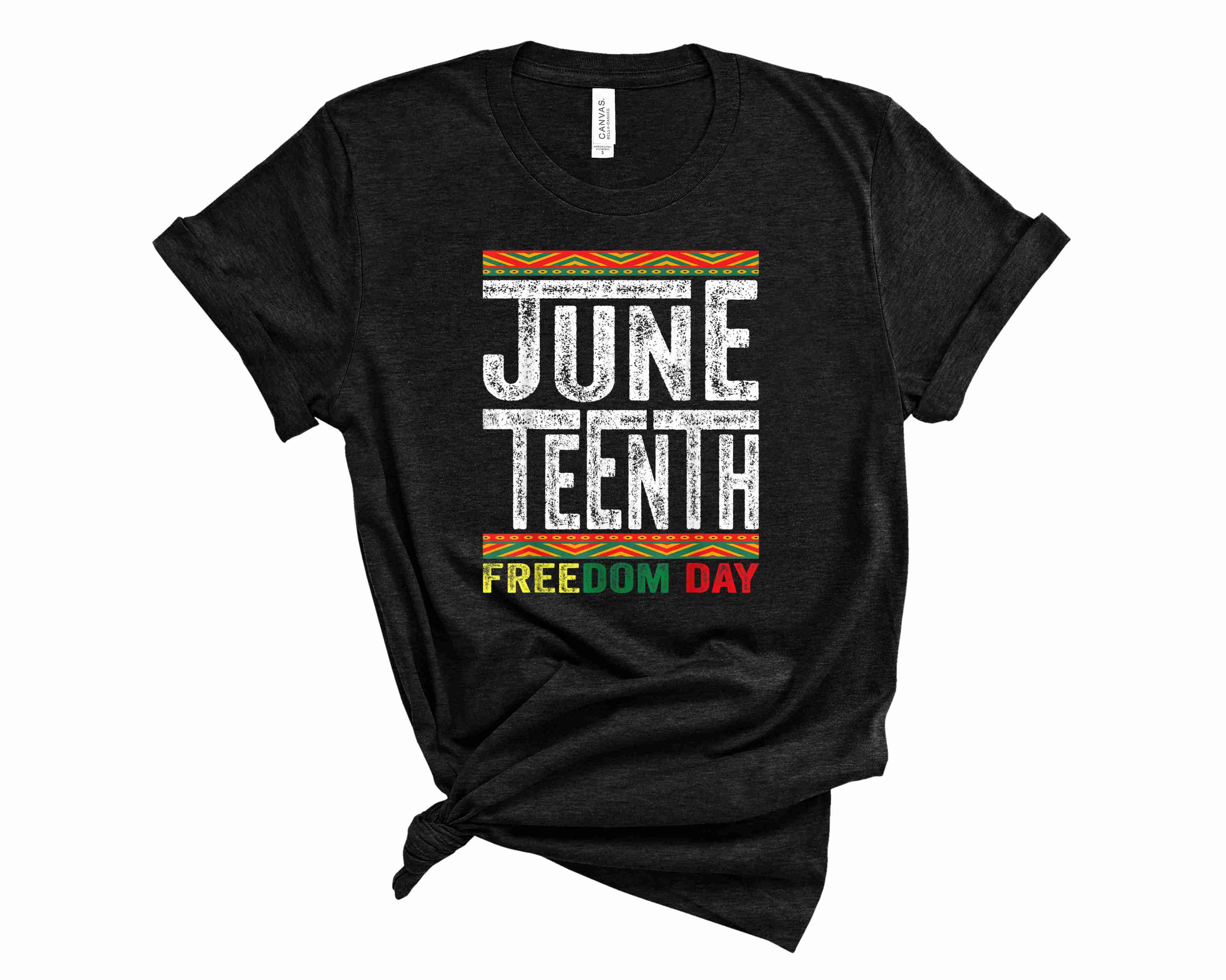 Juneteenth Freedom Day graphic tee featuring vibrant colors and a unisex design, perfect for celebrating heritage.