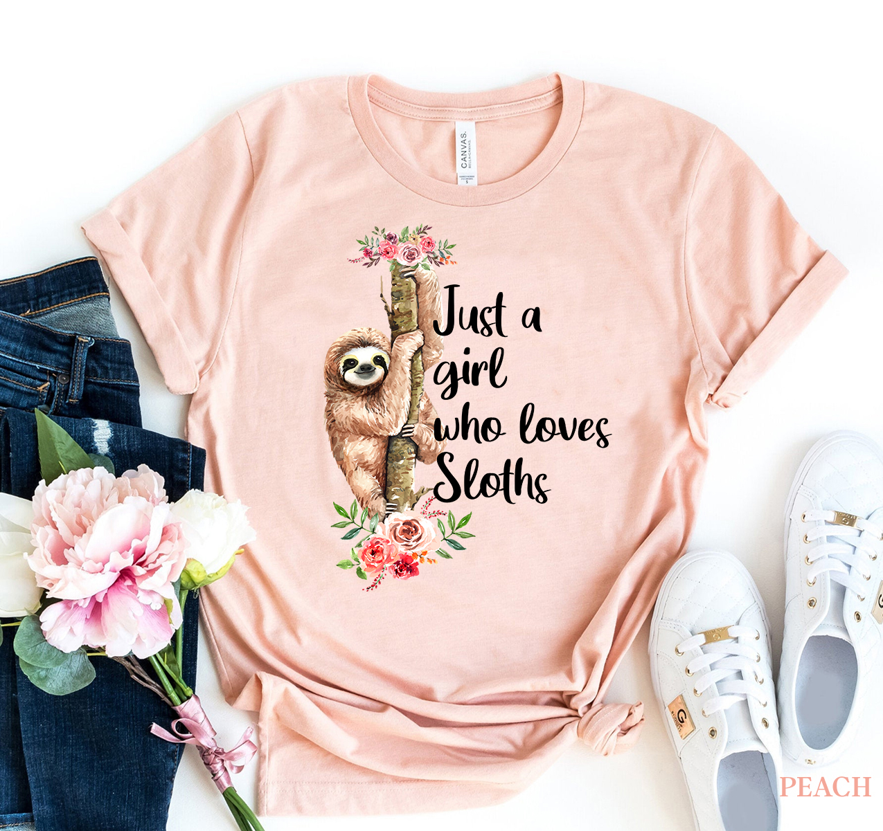 A stylish 'Just a Girl who Loves Sloths' t-shirt made from premium ring spun cotton, featuring a vibrant sloth design.