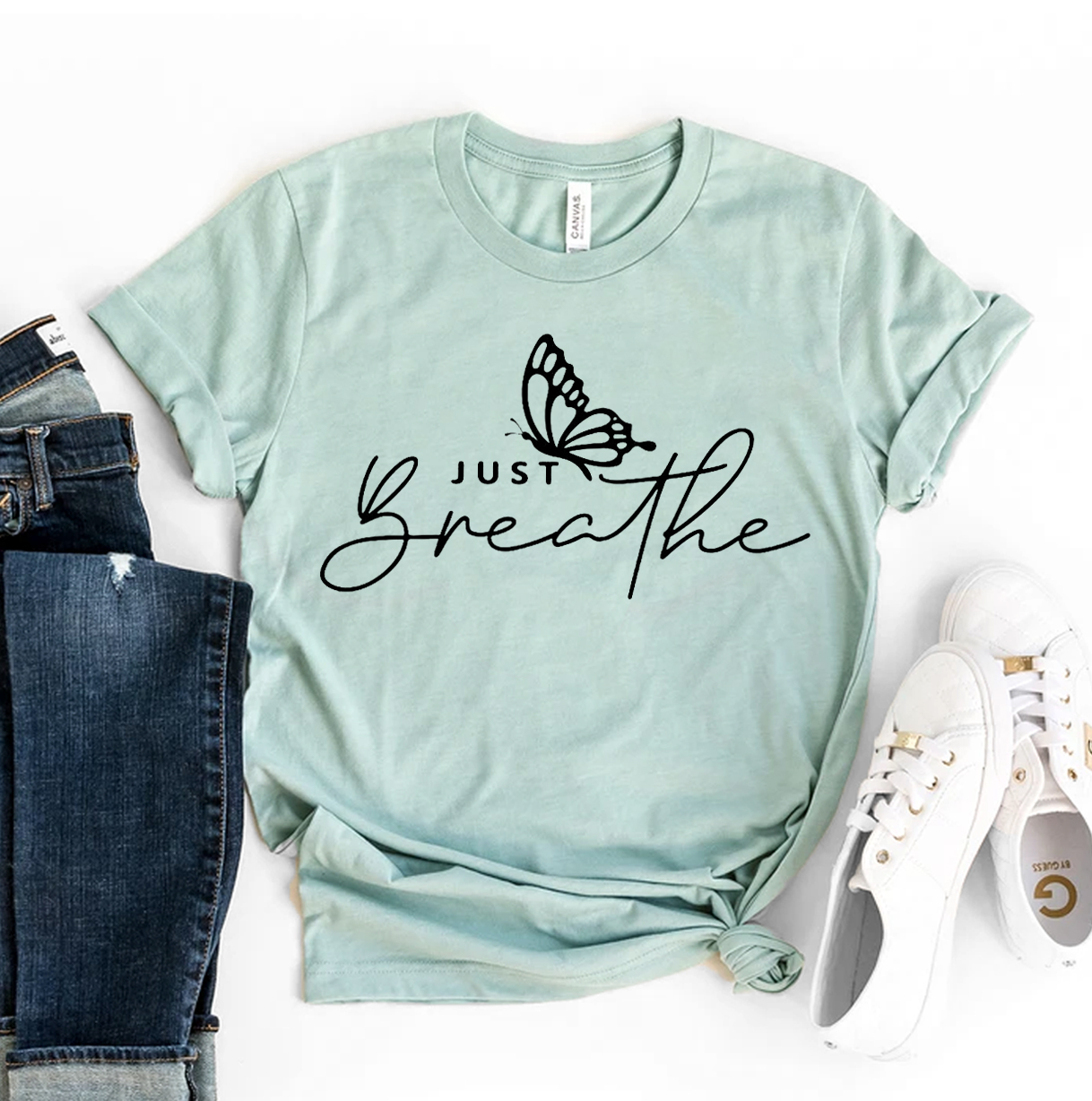 Just Breathe T-shirt made from premium ring spun cotton, featuring a soft textile flex print design.