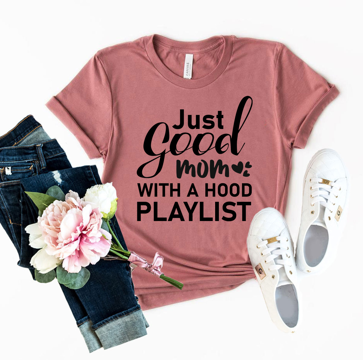 Unisex Just Good Mom Hood Playlist T-shirt in various colors, showcasing its comfortable fit and stylish design.