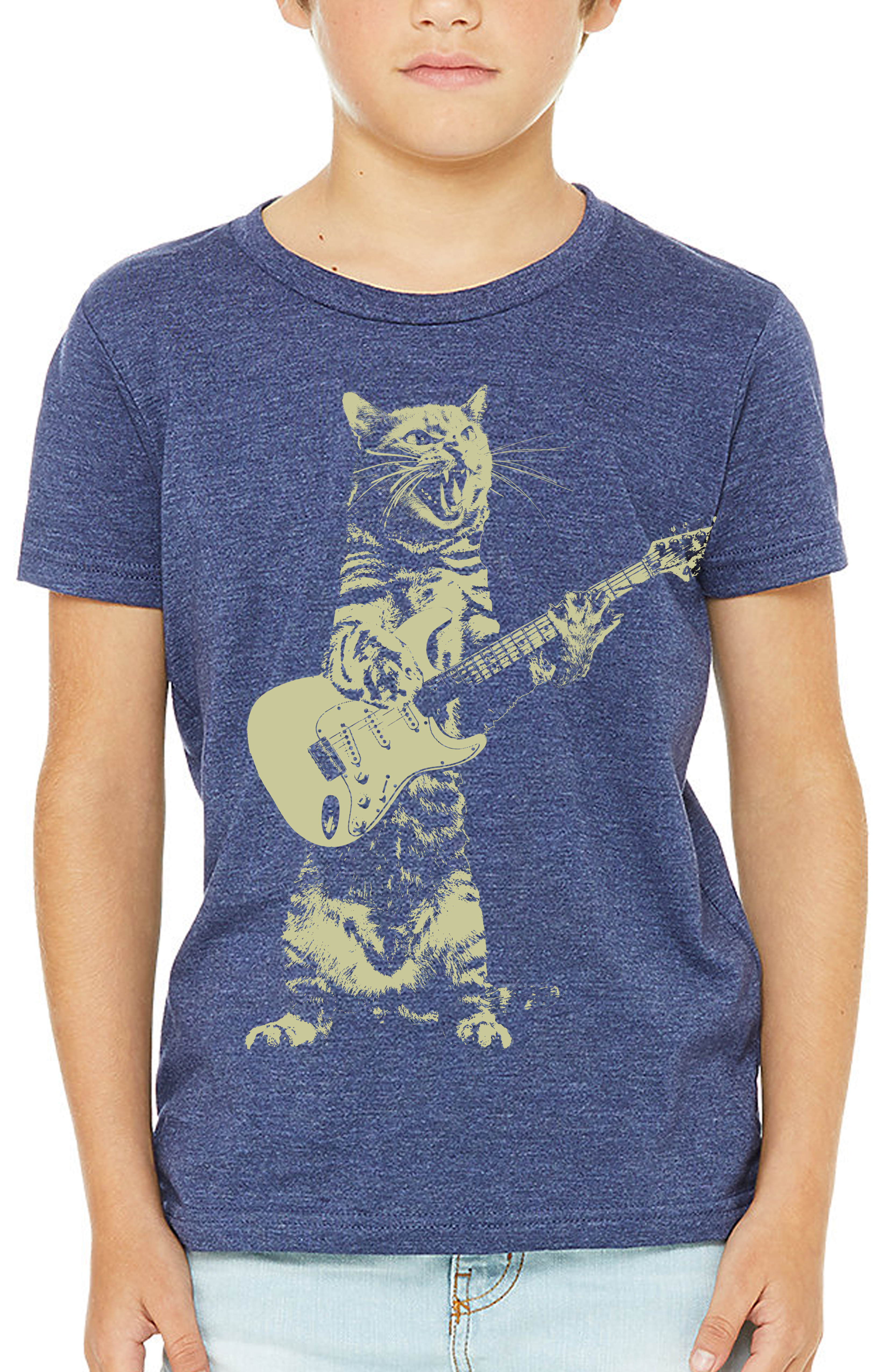 A colorful kids shirt featuring a playful cat playing a guitar, designed for comfort and style.