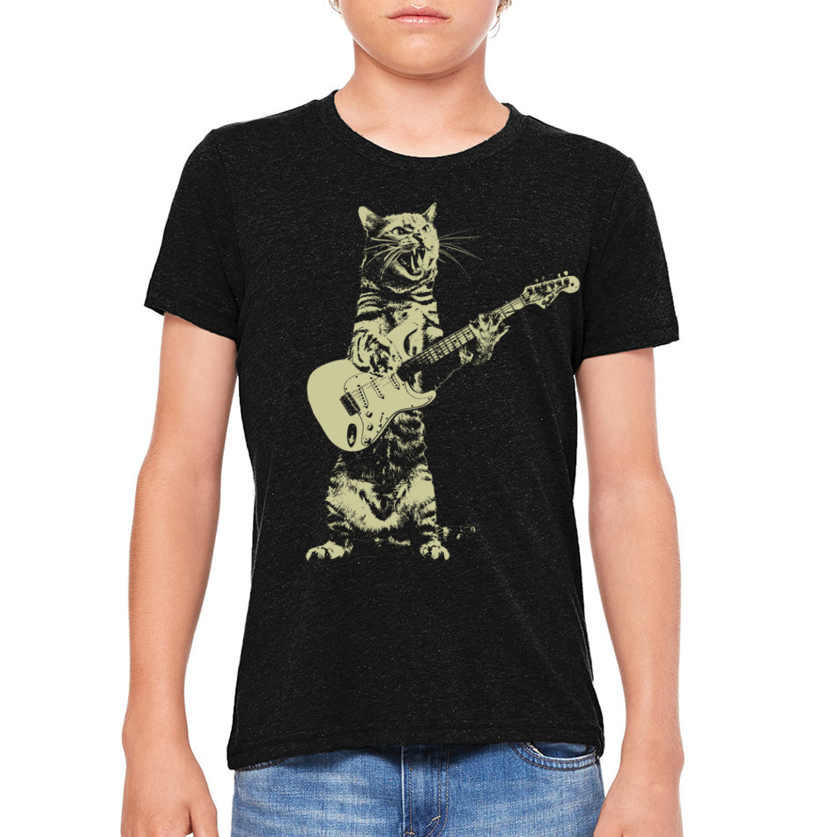 A colorful kids shirt featuring a playful cat playing a guitar, designed for comfort and style.