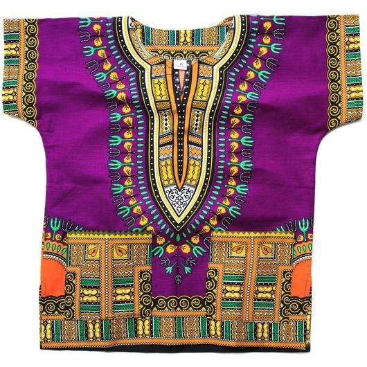 A vibrant purple Kid's Dashiki Shirt made of cotton, featuring traditional dashiki design, perfect for children.