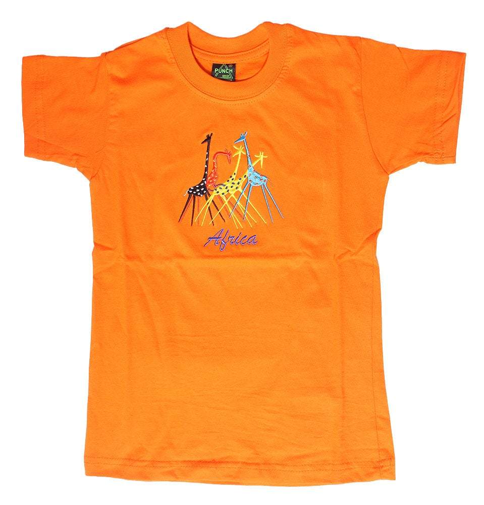 Kids' embroidered casual t-shirt in vibrant orange, made from 100% African cotton, featuring a durable ribbed neckband.