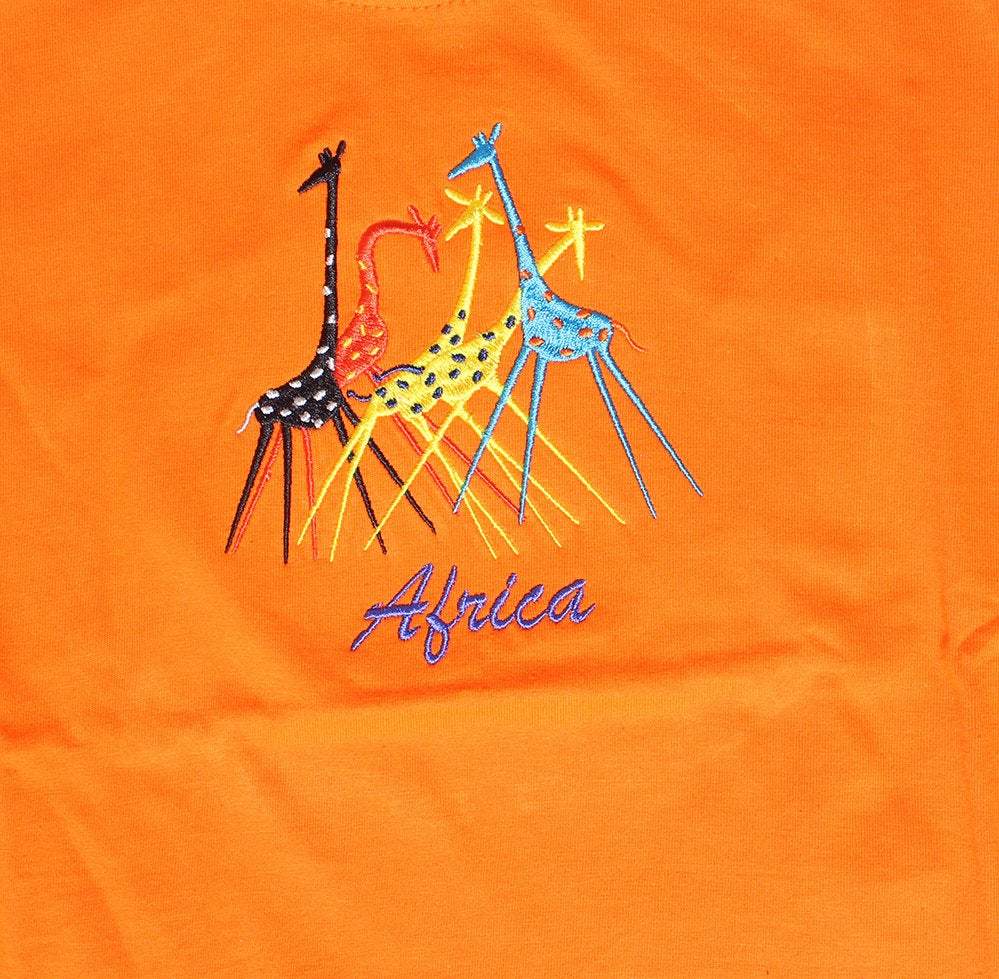 Kids' embroidered casual t-shirt in vibrant orange, made from 100% African cotton, featuring a durable ribbed neckband.