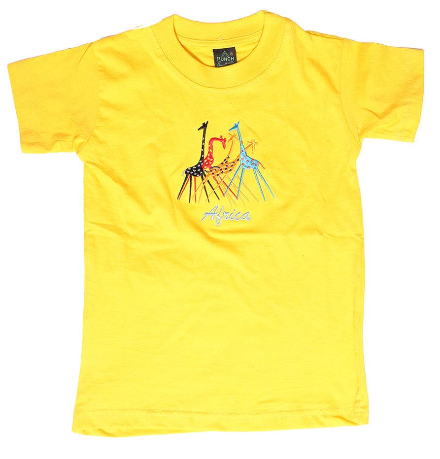 Kids' Giraffe Embroidered T-shirt in vibrant yellow, featuring a playful giraffe design and durable ribbed neckband.