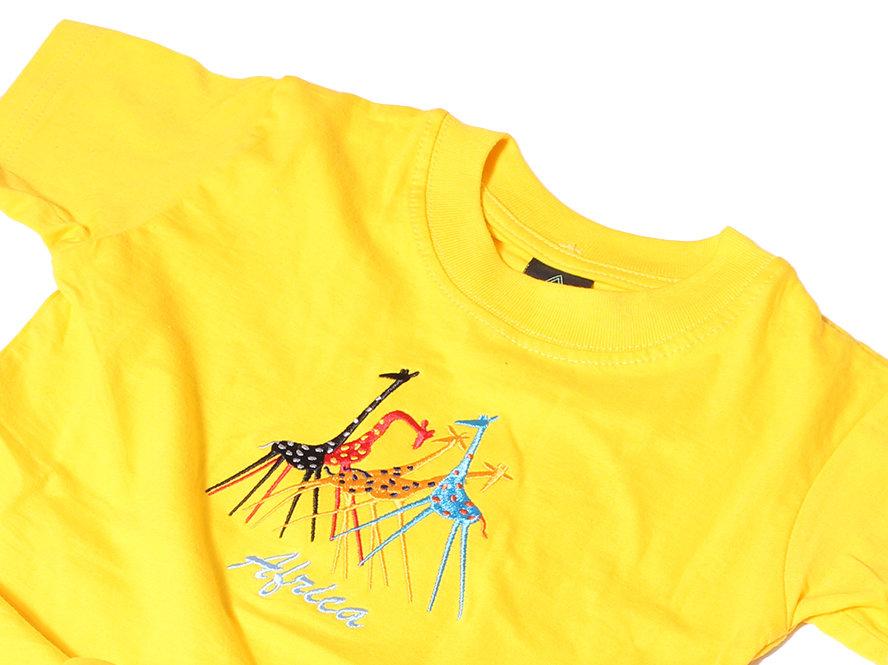 Kids' Giraffe Embroidered T-shirt in vibrant yellow, featuring a playful giraffe design and durable ribbed neckband.