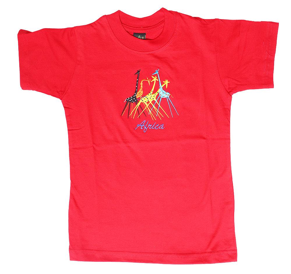 A vibrant red t-shirt for kids made from 100% African cotton, featuring a durable ribbed neckband and double-needle hem.