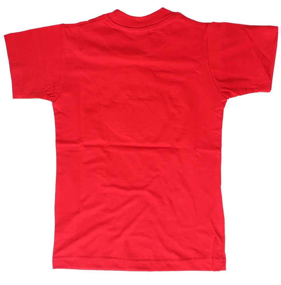 A vibrant red t-shirt for kids made from 100% African cotton, featuring a durable ribbed neckband and double-needle hem.