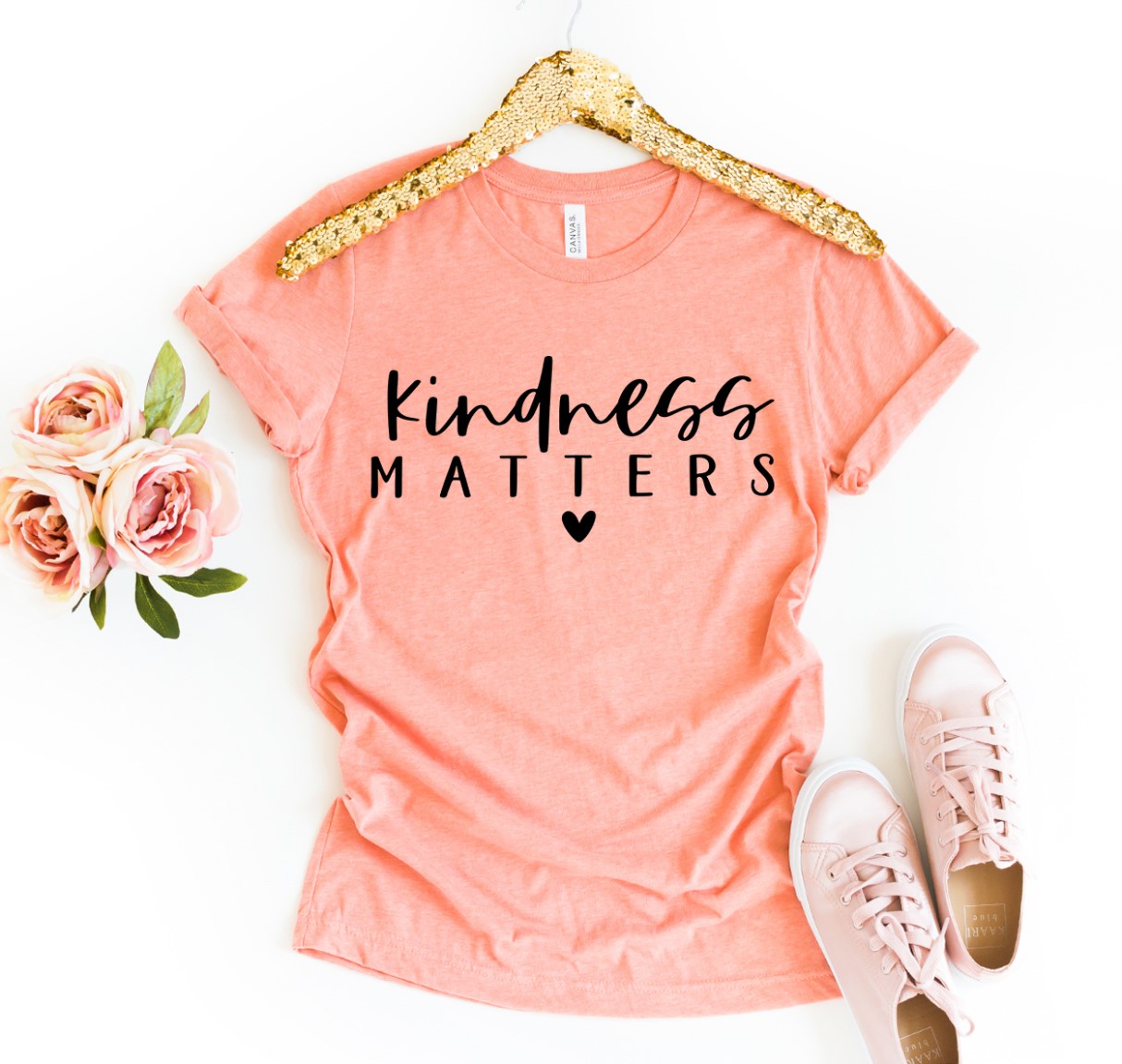 A soft and comfortable Kindness Matters T-shirt made from premium ring spun cotton, featuring a high-quality flex print design.