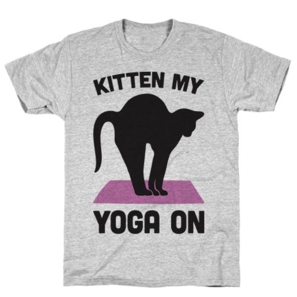 Grey t-shirt featuring a playful 'KITTEN MY YOGA' design, made from soft ringspun cotton.