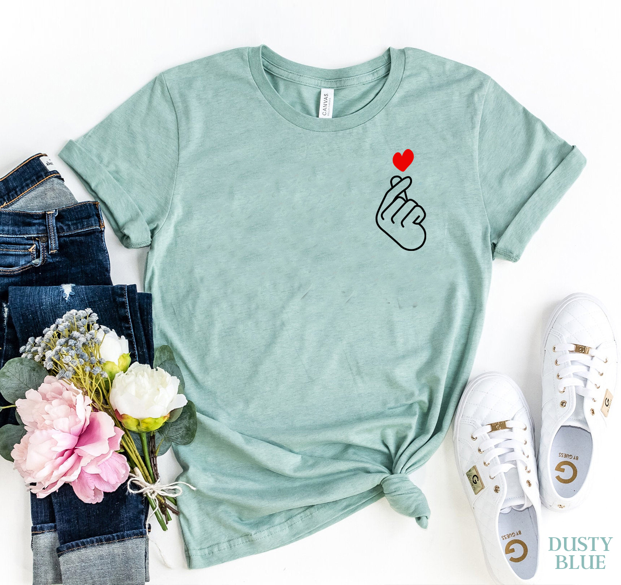 Korean Love Sign T-shirt made of premium ring spun cotton with a soft textile flex print design.