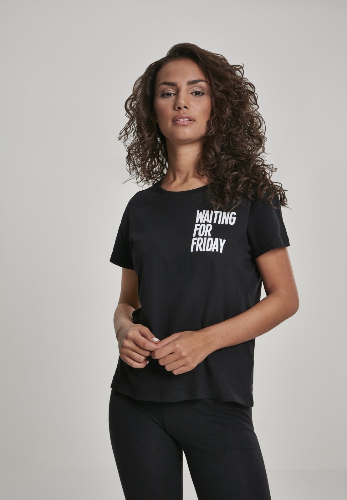 Ladies Waiting For Friday Box T-Shirt in soft cotton, featuring an oversized fit and stylish design.