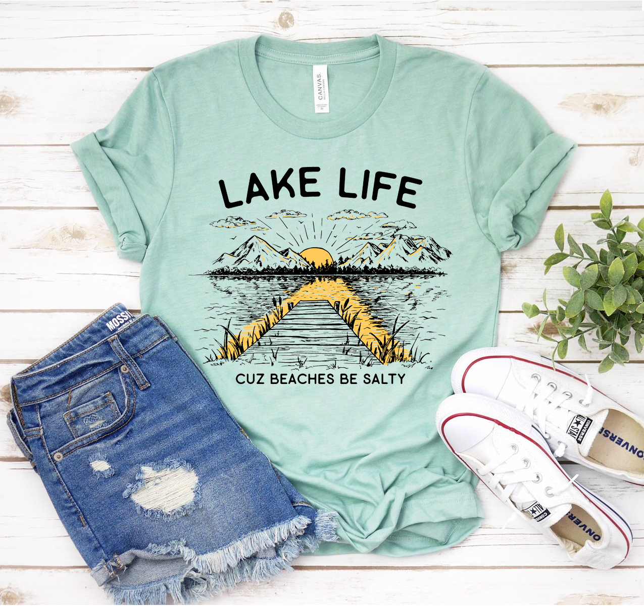 Lake Life T-shirt displayed on a hanger, showcasing its unisex design and soft fabric.