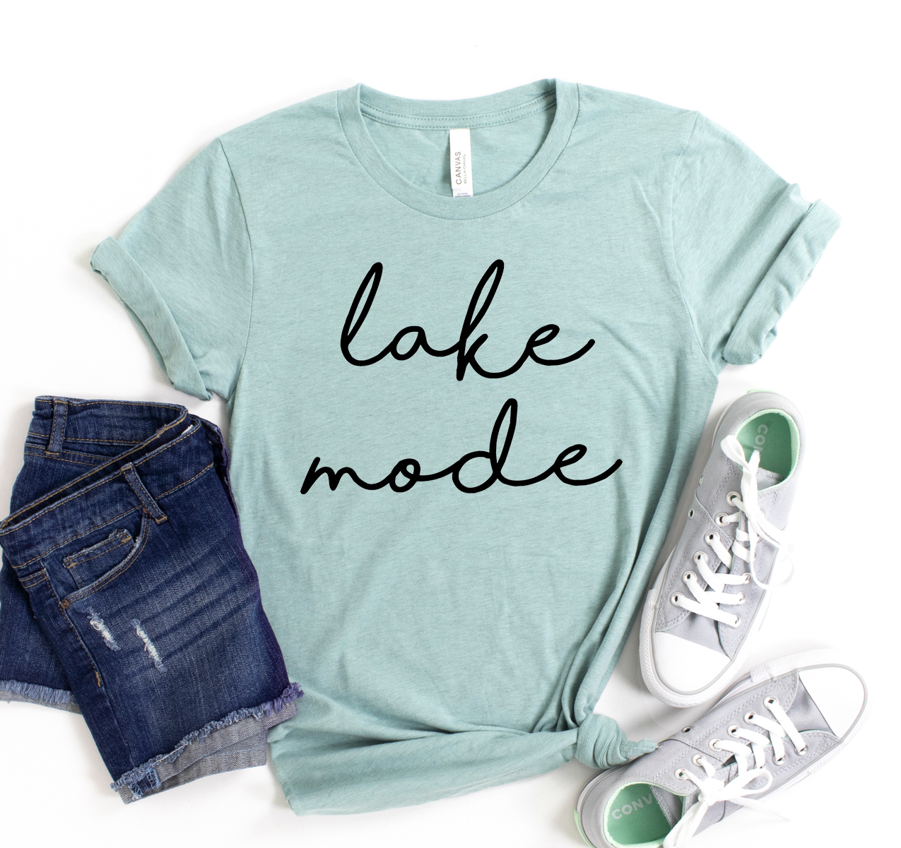 Lake Mode T-shirt in various sizes, showcasing its unisex design and soft fabric.