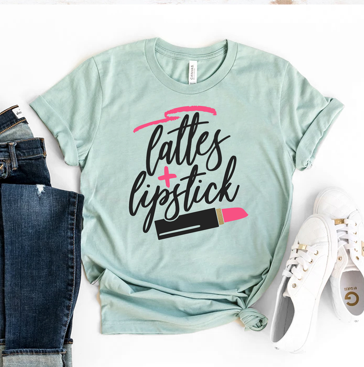 Lattes + Lipstick T-shirt made of premium ring spun cotton, featuring a stylish print, available in various sizes.