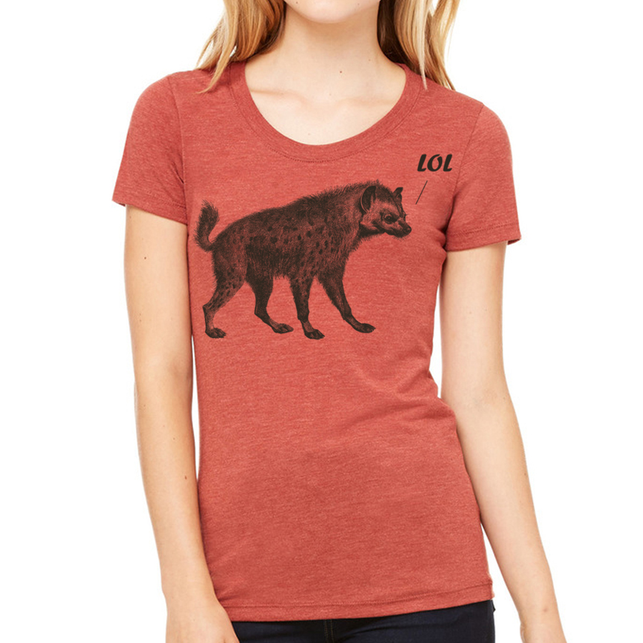 A stylish women's tee featuring a playful laughing hyena graphic, perfect for casual wear.