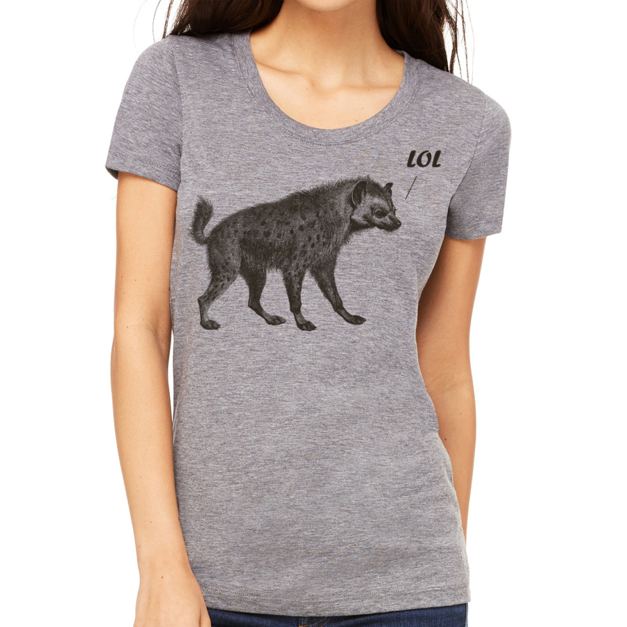 A stylish women's tee featuring a playful laughing hyena graphic, perfect for casual wear.