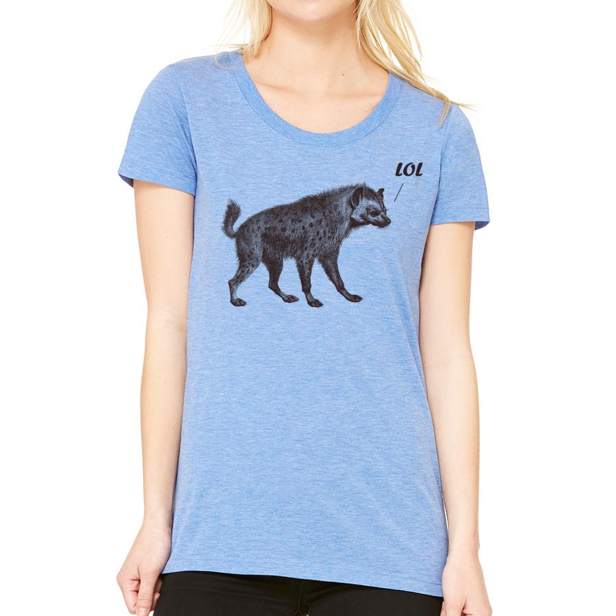 A stylish women's tee featuring a playful laughing hyena graphic, perfect for casual wear.