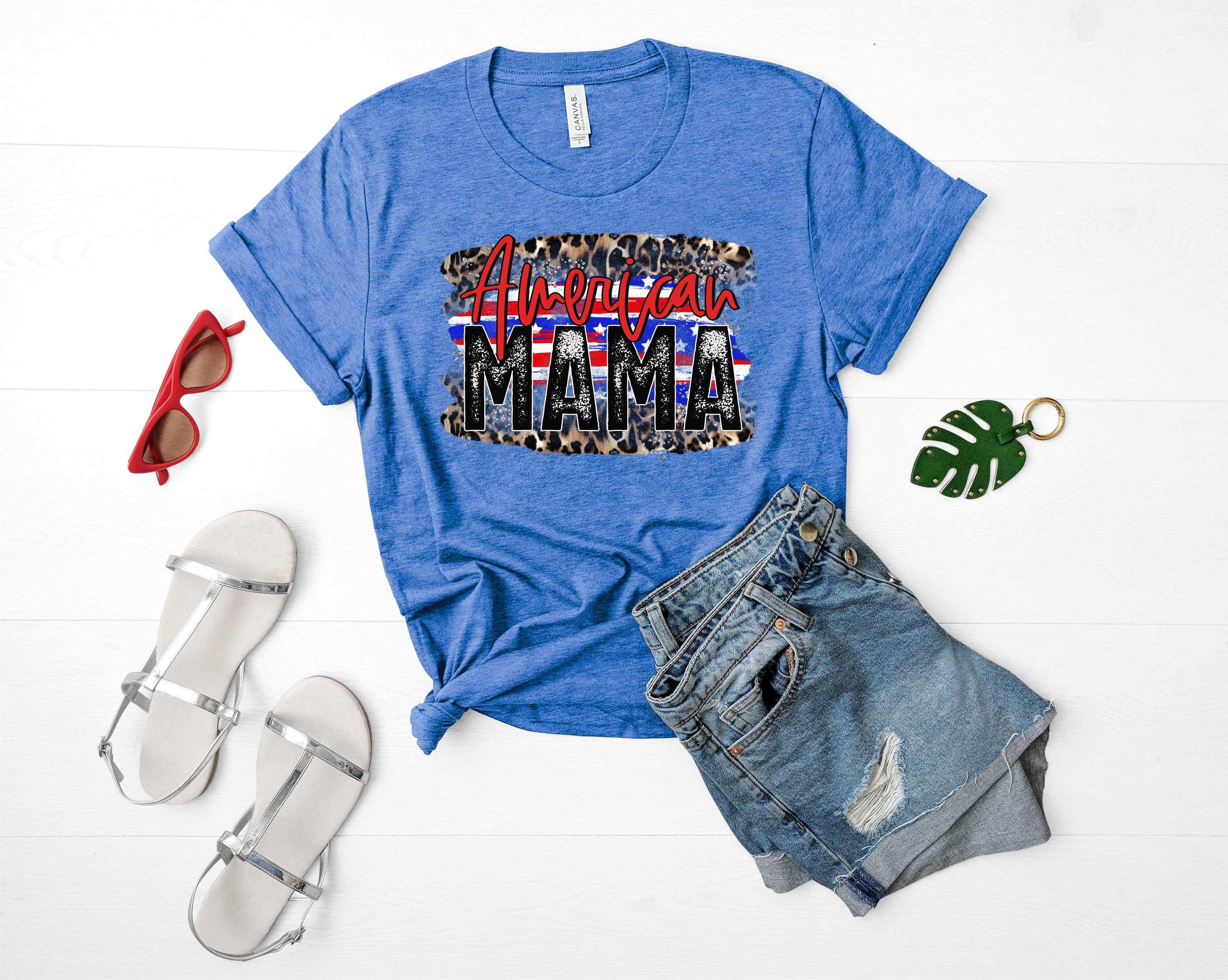 Leopard Flag American Mama graphic tee featuring a stylish design with a leopard print American flag.