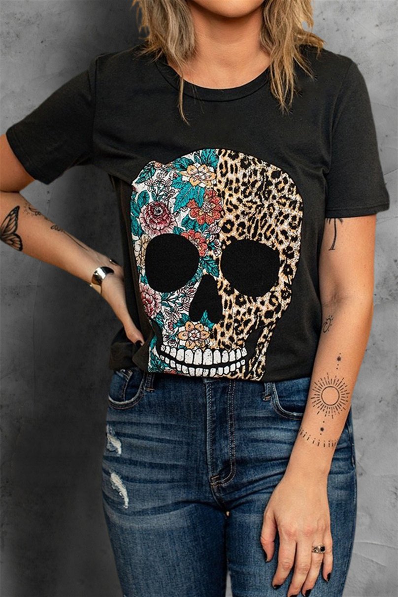 Leopard and floral skull design on a black short sleeve tee, showcasing a stylish and casual look.